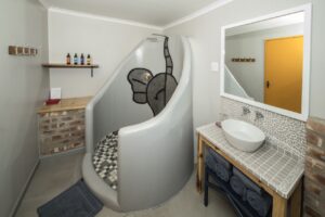 Walk-in elephant-motif shower in a camp chalet