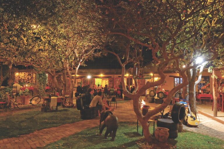 Etosha Safari Camp restaurant courtyard in the evening