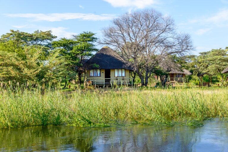 Thatched Hakusembe River Lodge chalets viewed from the Okavango River