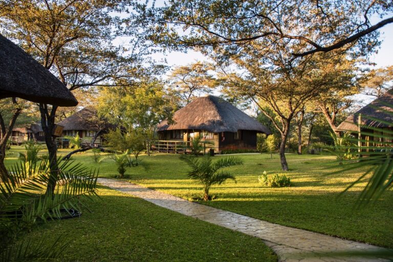 Hakusembe River Lodge chalets in the riverside gardens