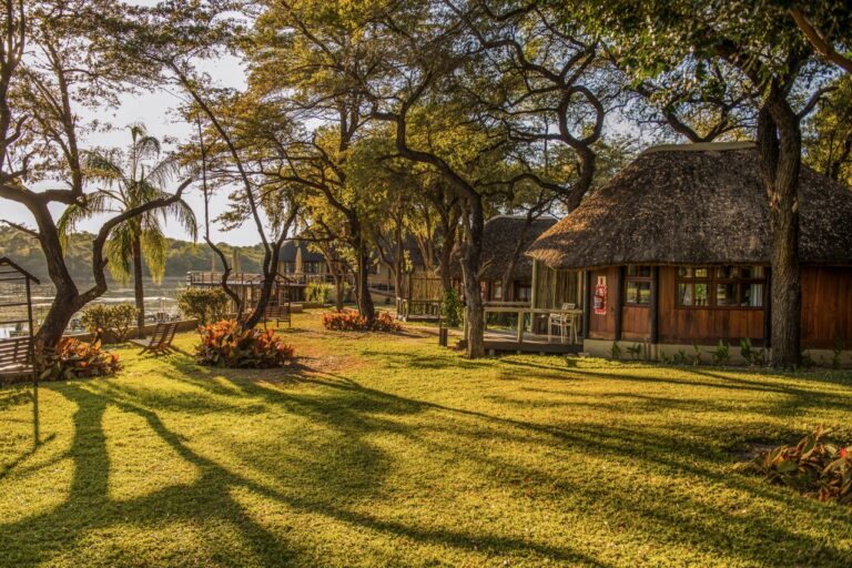 Thatched chalets in the gardens at Hakusembe River Lodge