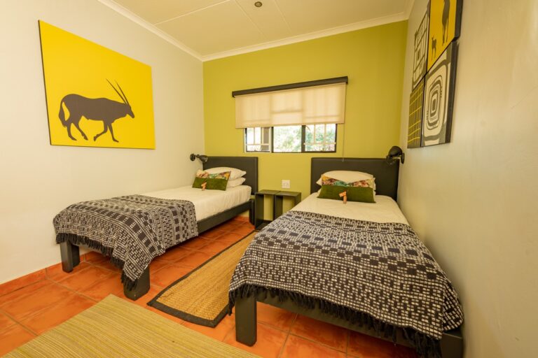 Twin room with desert artwork at Namib Desert Lodge
