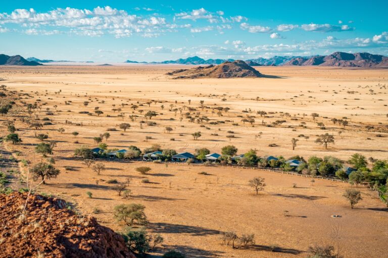 Namib Desert Lodge beneath distant mountains