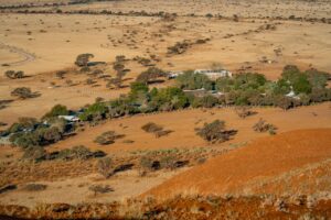 Aerial panorama of Namib Desert Lodge and dunes