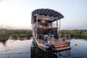 Namushasha River Villa moored in a private Kwando River channel