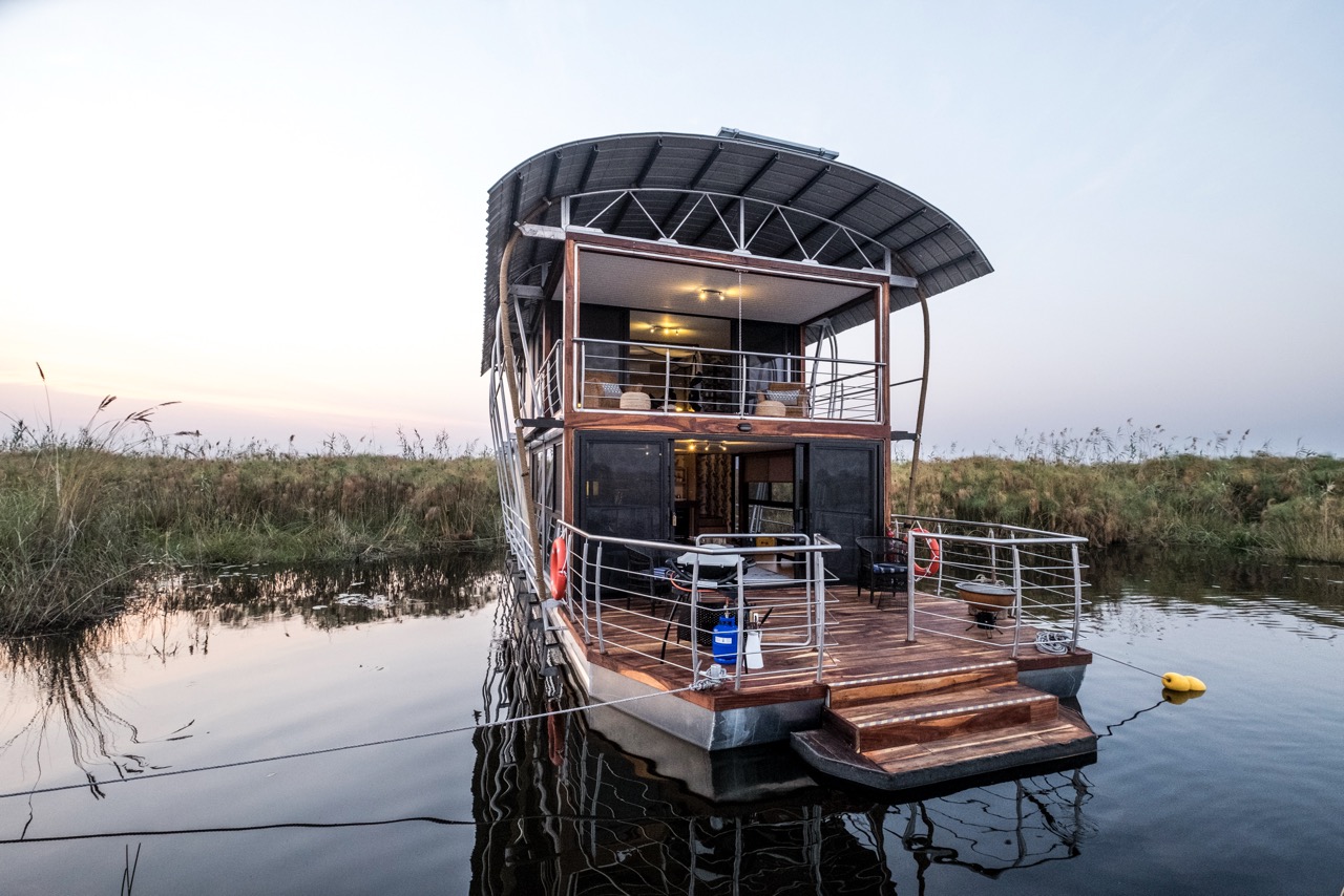Namushasha River Villa moored in a private Kwando River channel