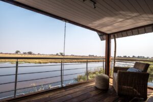 Upper private deck overlooking a Kwando River channel