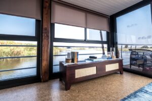 Refreshment shelf beside the river-facing windows
