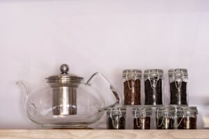 Tea pot and spice jars in the villa kitchen