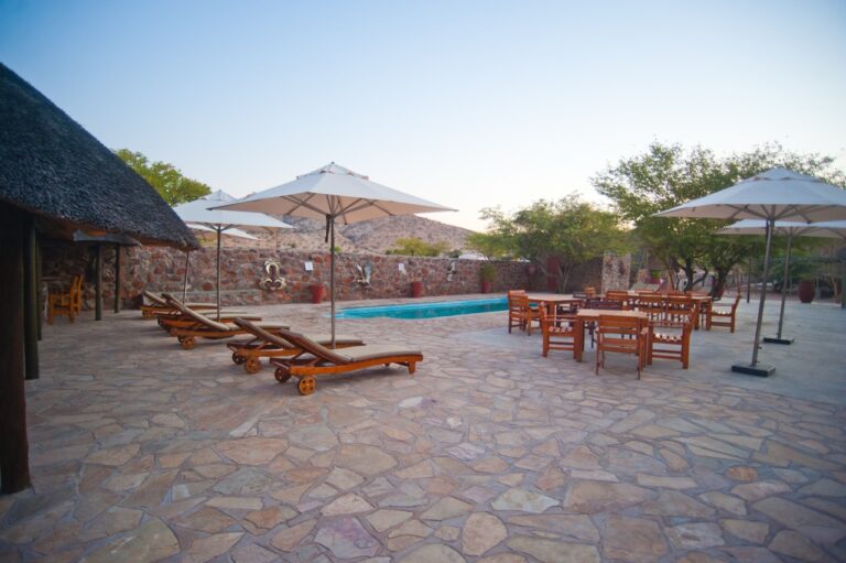 Swimming pool terrace at Omarunga Epupa-Falls Camp