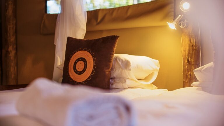 Bed and bedside lamp in an Omarunga Epupa-Falls Camp room