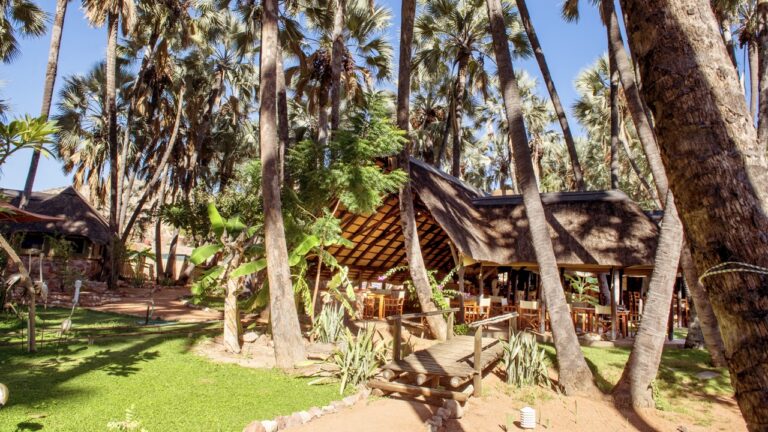 Thatched riverside chalet at Omarunga Epupa-Falls Camp