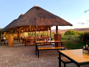 Open-air dining pavilion at Palmwag Lodge in Damaraland