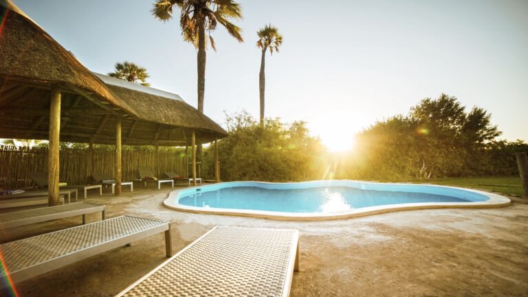 Shaded swimming pool at Palmwag Lodge accommodation