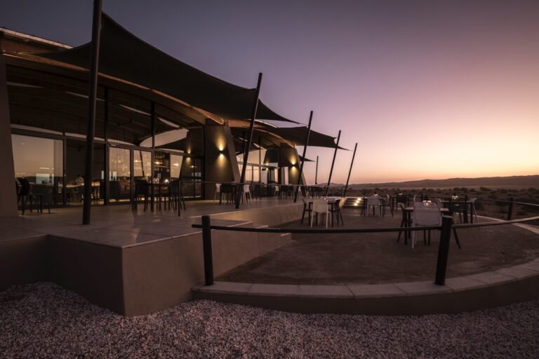Main lodge terrace at The Desert Grace around sunset