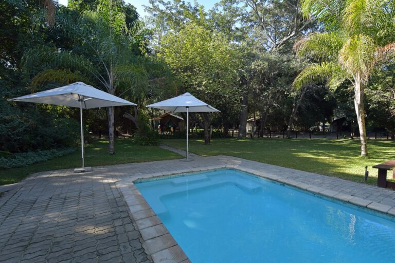 Swimming pool in the shaded gardens at Zambezi Mubala Camp
