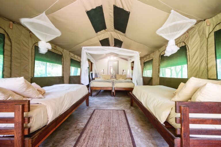 Twin beds in a four-bed safari tent at Zambezi Mubala Camp