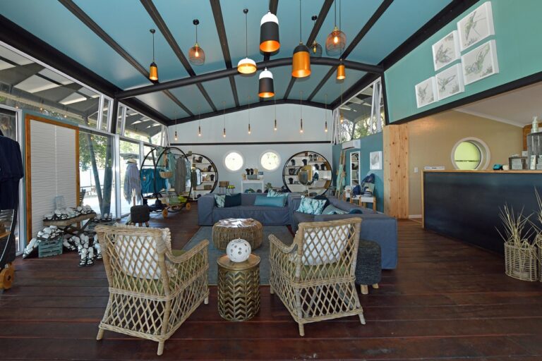 Reception and lounge interior at Zambezi Mubala Lodge