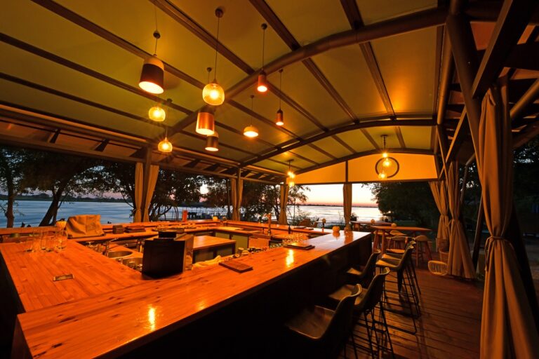 Bar counter overlooking the Zambezi River at the lodge