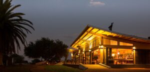 Kalahari Anib Lodge main building illuminated at night