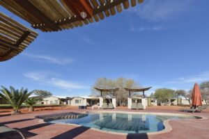 Pool terrace at Kalahari Anib Lodge near Mariental