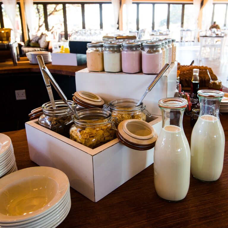 Breakfast preserves and milk at Kalahari Anib Lodge