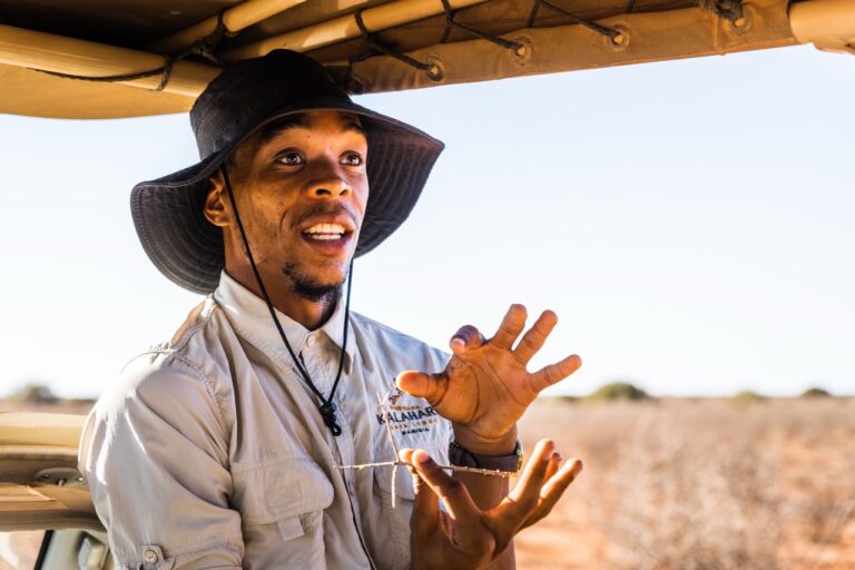 Kalahari Anib Lodge guide explaining the local landscape
