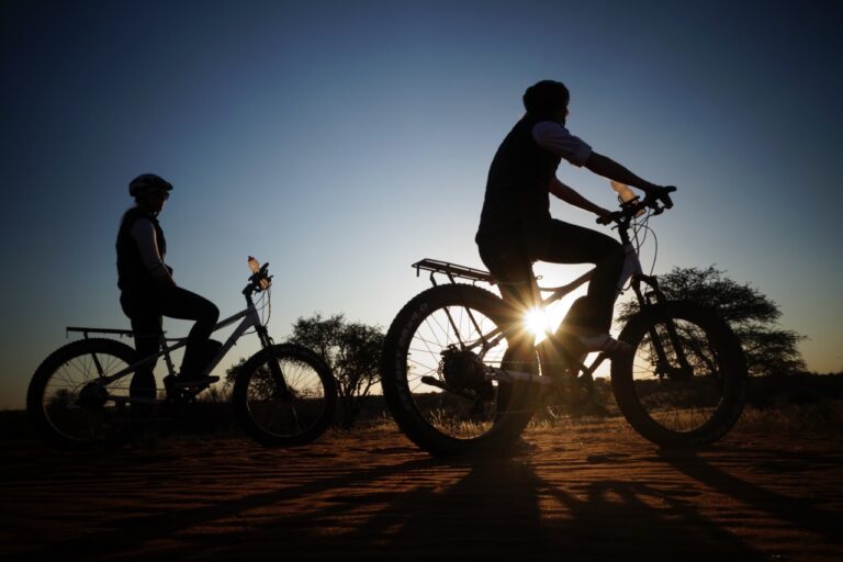 Mountain biking at sunset near Kalahari Anib Lodge