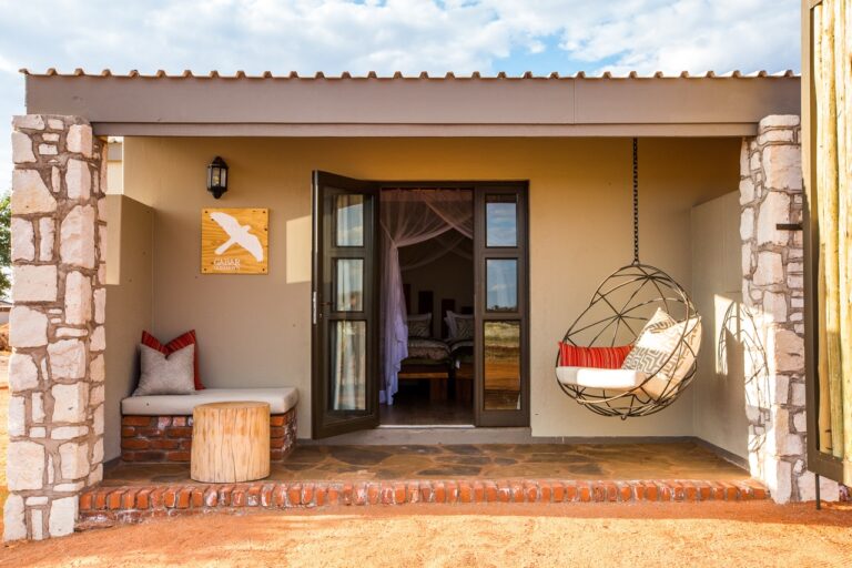 Guest room veranda at Kalahari Anib Lodge near Mariental