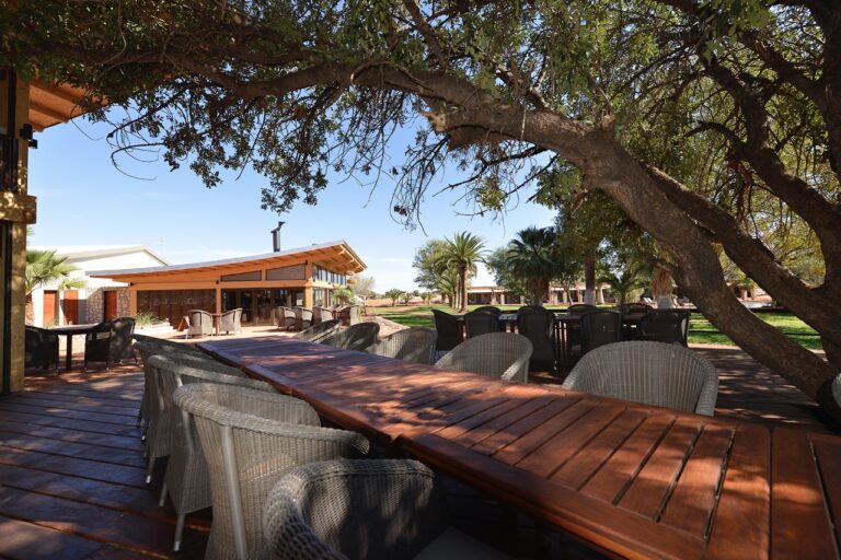 Shaded outdoor seating at Kalahari Anib Lodge
