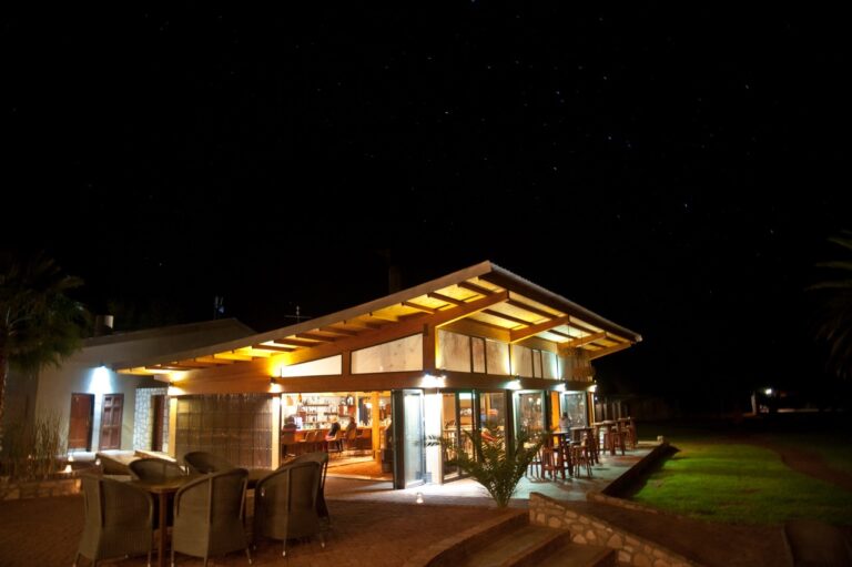 Main lodge building at Kalahari Anib Lodge after dark