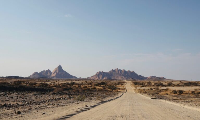 Gravel road approaching the Spitzkoppe mountains in Namibia