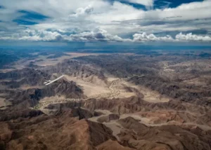 Aerial view of folded desert mountains on the Skeleton Coast Safari