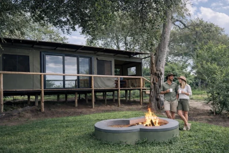 Guests beside a tent and lit fire pit at Buffalo Tented Camp