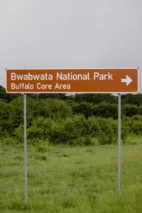 Road sign pointing to Bwabwata National Park Buffalo Core Area