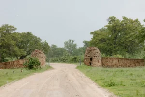 Track passing through old masonry gateway pillars in the Buffalo area