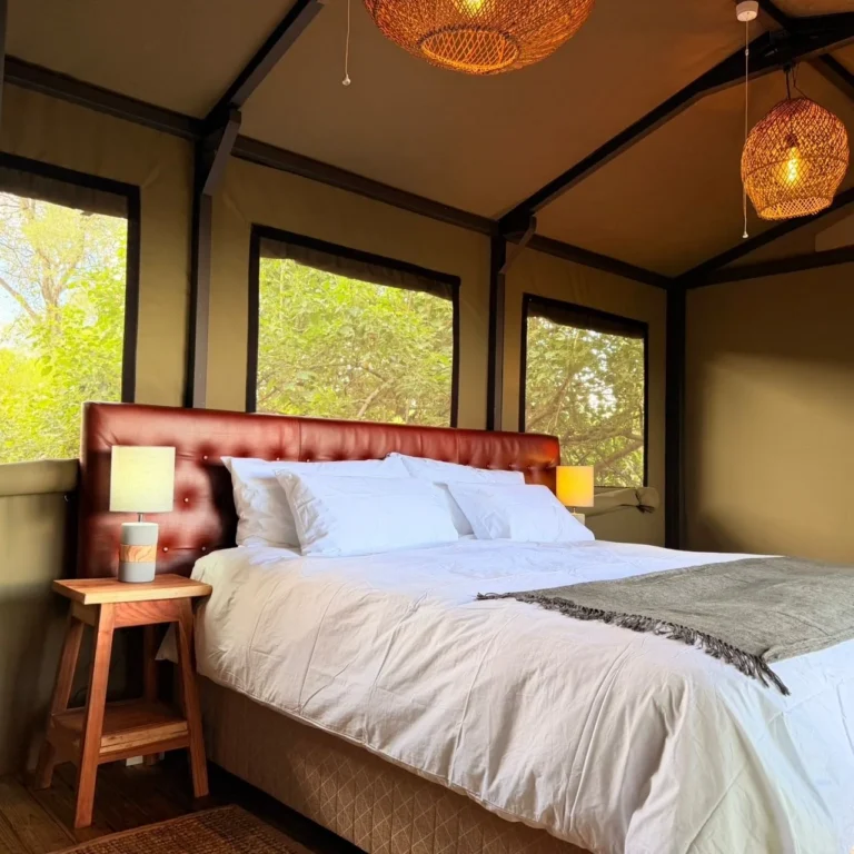 Buffalo Tented Camp bedroom with bedside lighting and canvas walls