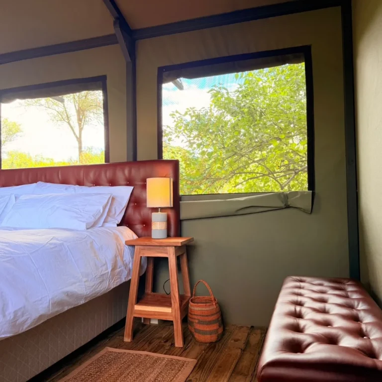 Bed, window and cushioned bench inside a Buffalo Tented Camp tent