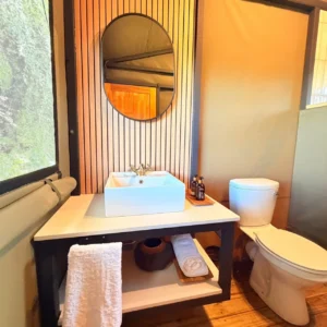 Bathroom basin, mirror and toilet at Buffalo Tented Camp