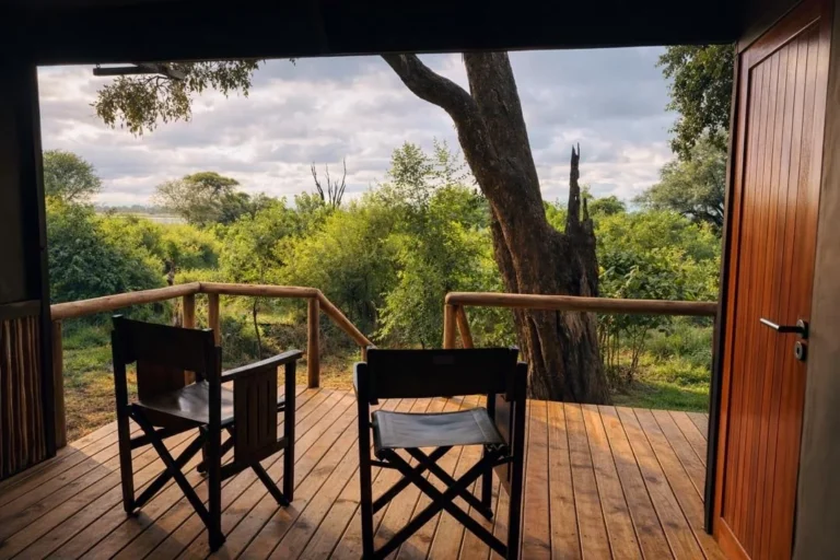 Two chairs on a Buffalo Tented Camp deck overlooking trees and the river