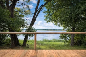 Okavango River view from a timber deck at Buffalo Tented Camp
