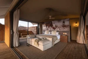 Bed and sitting area inside a Desert Rhino Camp suite