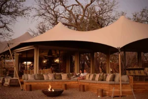 Main lounge beneath a canvas roof at Desert Rhino Camp