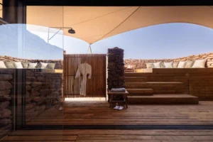 Outdoor shower and deck at Desert Rhino Camp