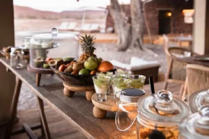 Drinks and fruit laid out at Desert Rhino Camp