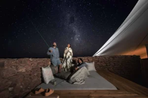 Guests looking at the night sky from a Desert Rhino Camp deck