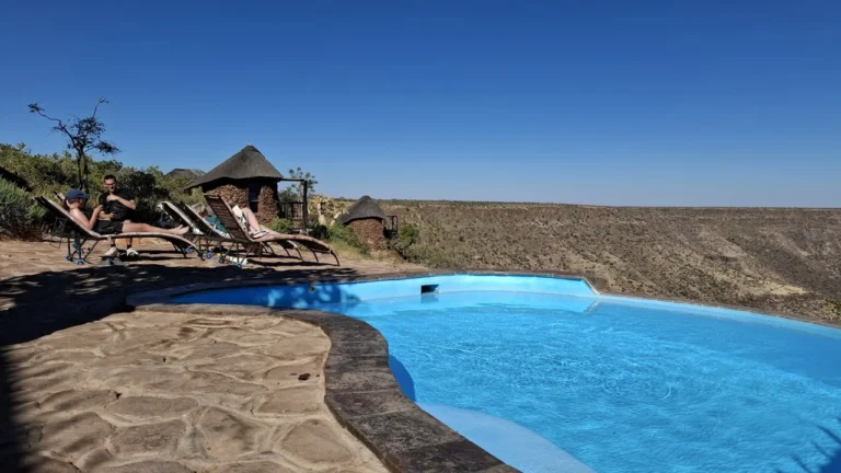 Pool and sun terrace beside the main lodge at Grootberg