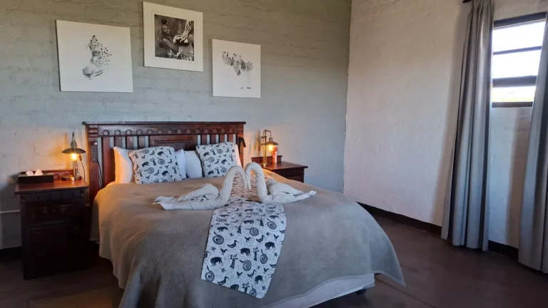 Double bed and bedside lamps at Grootberg Lodge