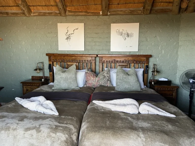 Twin chalet beds beneath a thatched roof at Grootberg Lodge