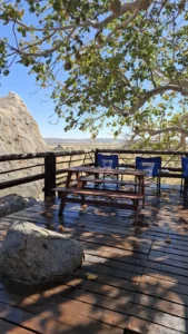 Rustic viewing deck beneath trees at Hoada